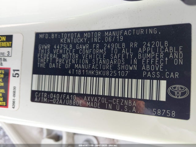 4T1B11HK9KU825107 Toyota CAMRY LE