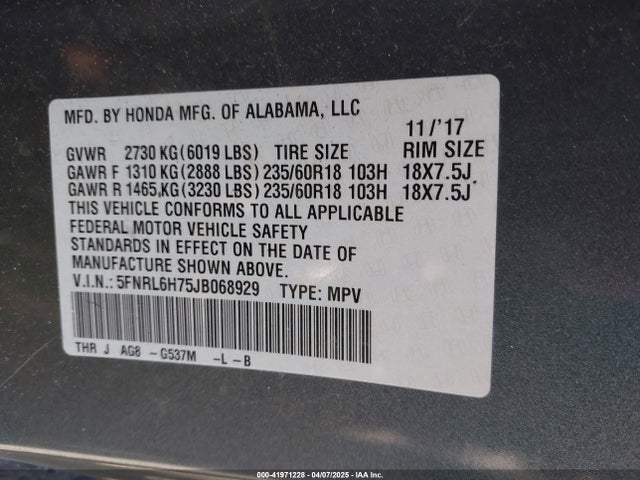 5FNRL6H75JB068929 Honda Odyssey Ex-l