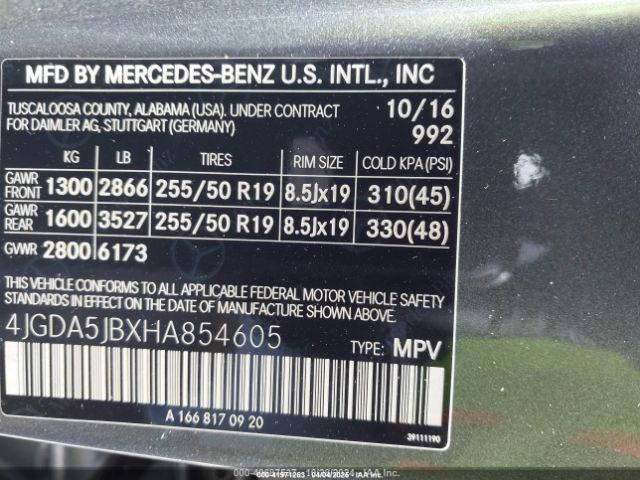 4JGDA5JBXHA854605 Mercedes-Benz GLE 350