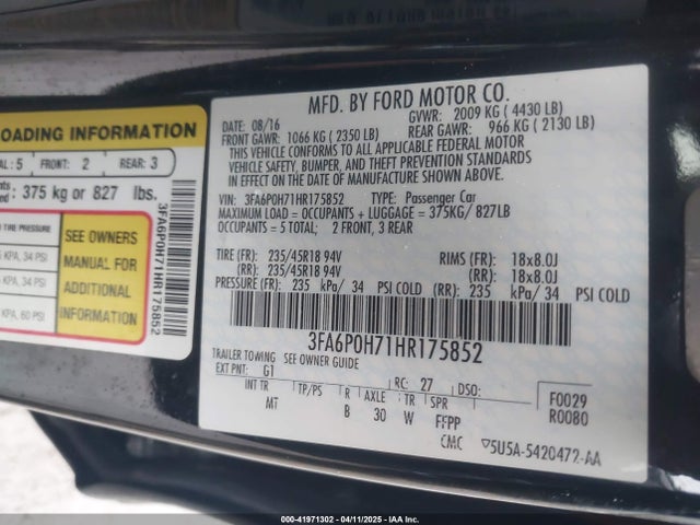 Ford FUSION SE 2017 3FA6P0H71HR175852 Image 9