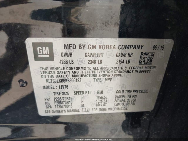KL7CJLSB6KB956193 Chevrolet Trax Lt