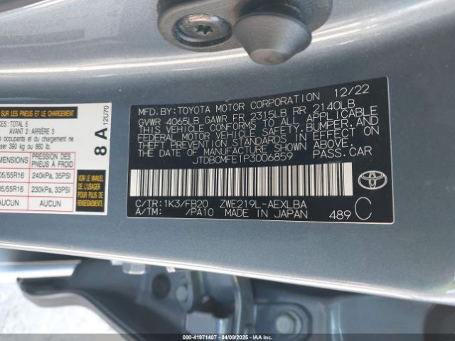 JTDBCMFE1P3006859 Toyota Corolla Hybrid Le