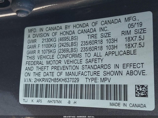 2HKRW2H85KH637029 Honda Cr-v Ex-l