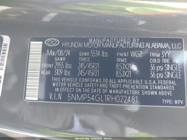 5NMP54GL1RH022481 Hyundai Santa Fe Calligraphy