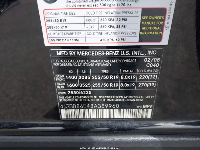 Продажа на аукционе авто 2008 Mercedes-benz Ml 350 4matic, vin: 4JGBB86E48A389960, номер лота: 41971522