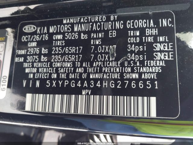 5XYPG4A34HG276651 KIA Sorento 2.4l Lx