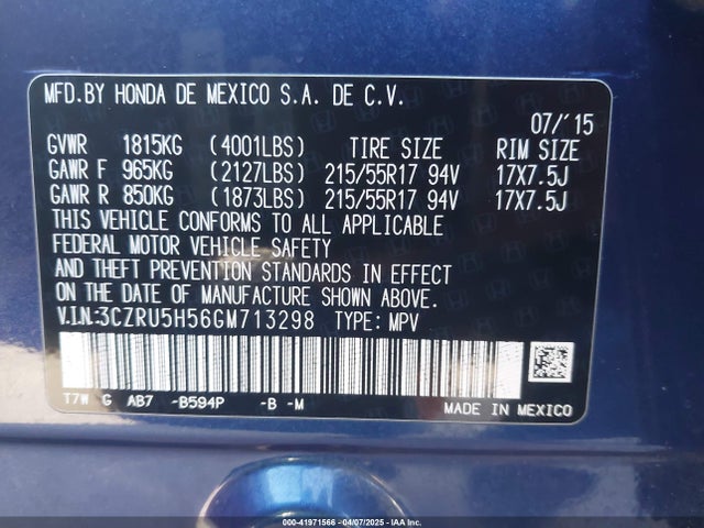 3CZRU5H56GM713298 Honda HR-V EX