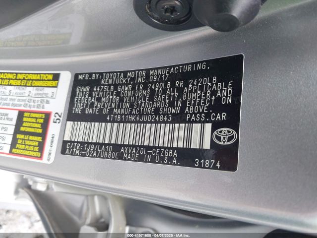 4T1B11HK4JU024843 Toyota CAMRY XLE