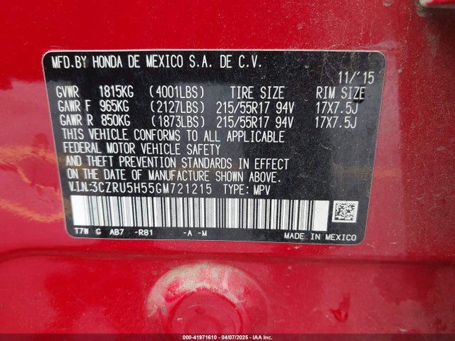 3CZRU5H55GM721215 Honda HR-V EX