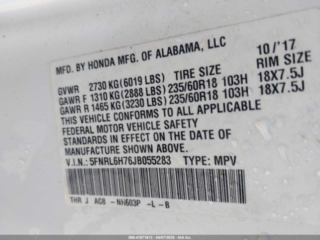 5FNRL6H76JB055283 Honda Odyssey Ex-l