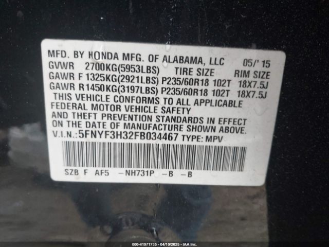 5FNYF3H32FB034467 Honda PILOT SE