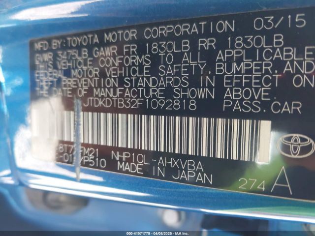 JTDKDTB32F1092818 Toyota Prius C Two