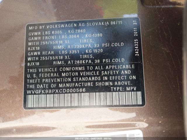 2012 VOLKSWAGEN TOUAREG WVGFK9BPXCD000566 Photo 8
