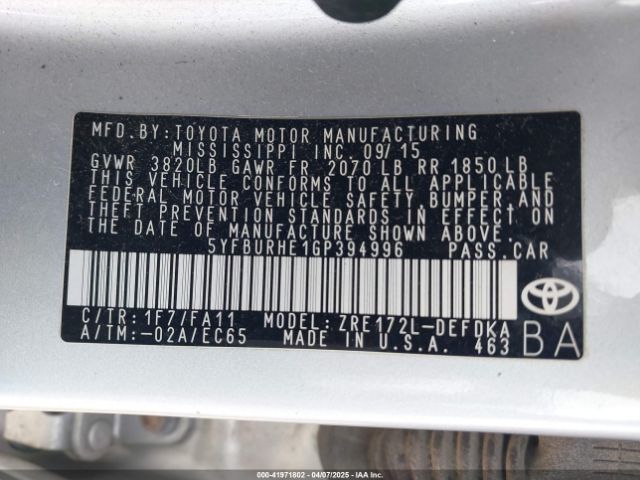 5YFBURHE1GP394996 Toyota COROLLA L