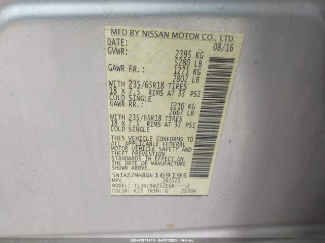 5N1AZ2MH8GN169195 Nissan MURANO SL