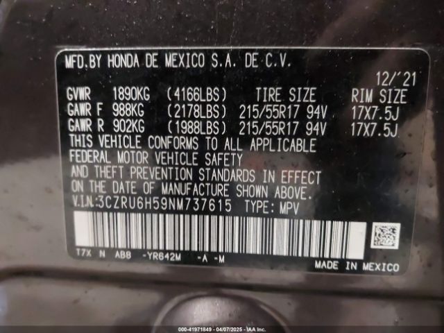 3CZRU6H59NM737615 Honda Hr-v Awd Ex