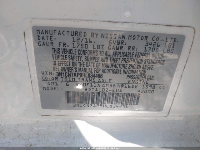 3N1CN7AP9HL834496 Nissan Versa 1.6 Sv