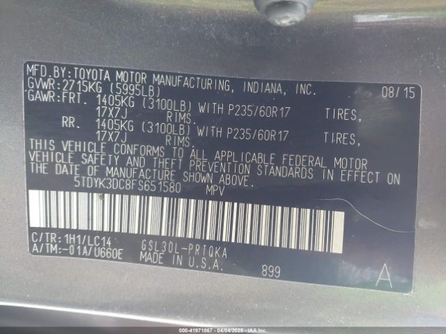 5TDYK3DC8FS651580 Toyota Sienna Xle 8 Passenger