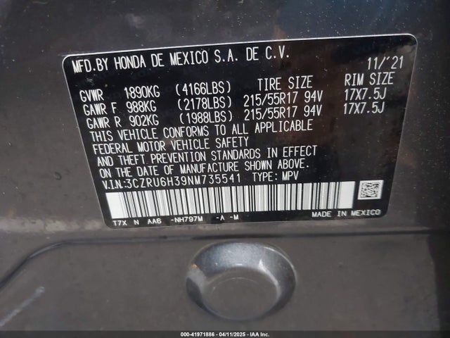 3CZRU6H39NM735541 Honda Hr-v Awd Lx