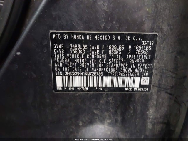 3HGGK5H41KM726786 Honda FIT LX