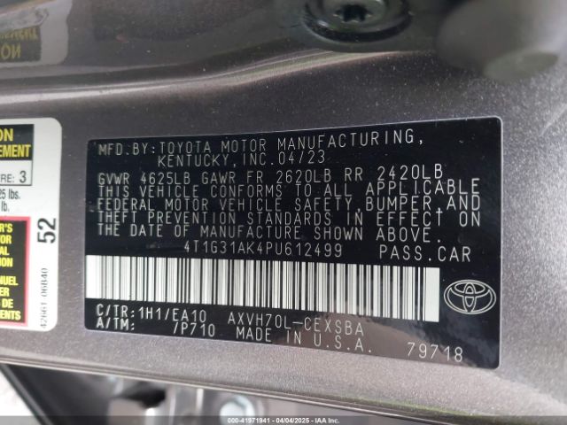 4T1G31AK4PU612499 Toyota Camry Se Hybrid