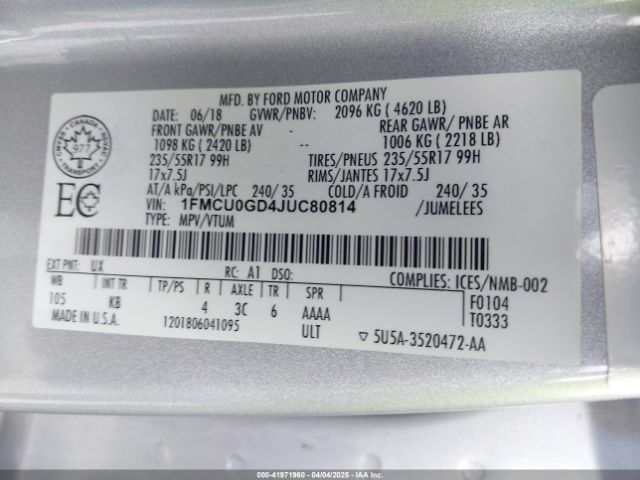 1FMCU0GD4JUC80814 Ford ESCAPE SE