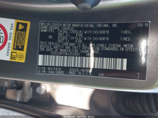 5TDZZRFH3KS353993 Toyota Highlander Le