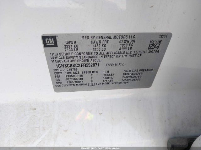 1GNSCBKCXFR552071 Chevrolet Tahoe Lt