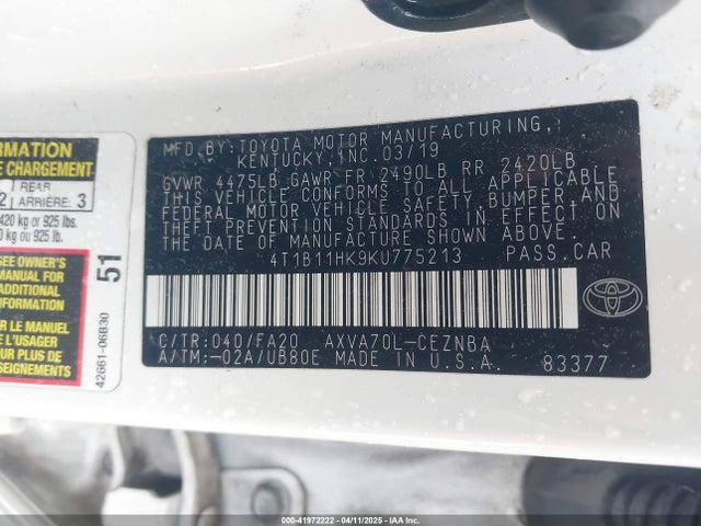 4T1B11HK9KU775213 Toyota CAMRY LE