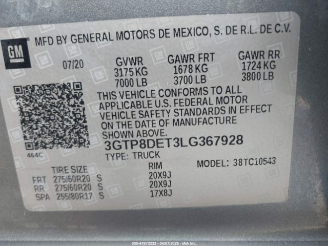 3GTP8DET3LG367928 GMC Sierra 1500 2wd  Short Box Slt