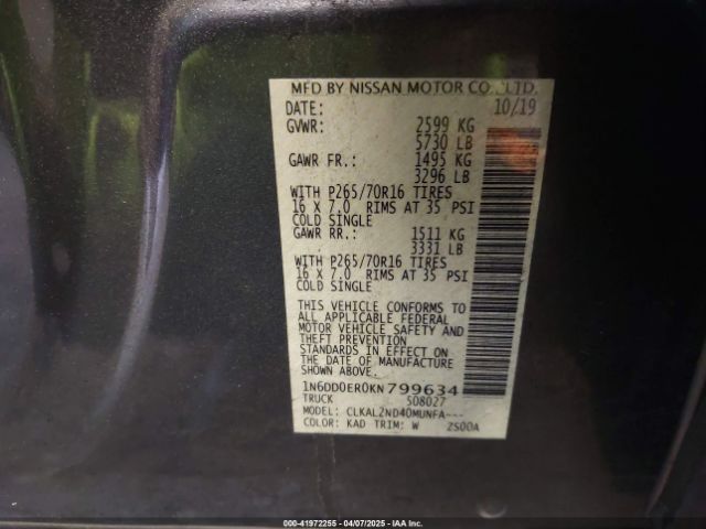 1N6DD0ER0KN799634 Nissan Frontier Sv