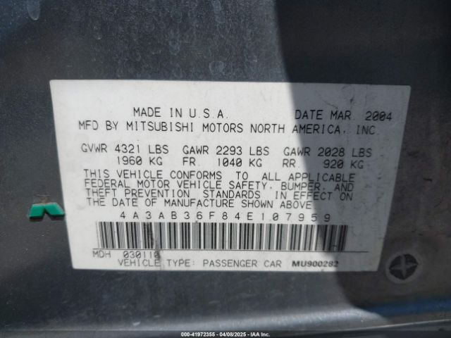 2004 MITSUBISHI GALANT 4A3AB36F84E107959 Photo 8