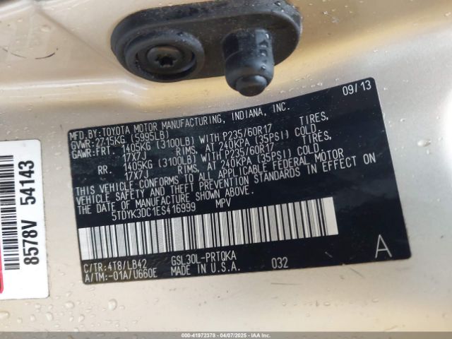 5TDYK3DC1ES416999 Toyota Sienna Xle V6 8 Passenger