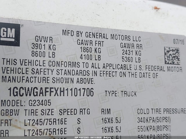 1GCWGAFFXH1101706 Chevrolet Express 2500 Work Van