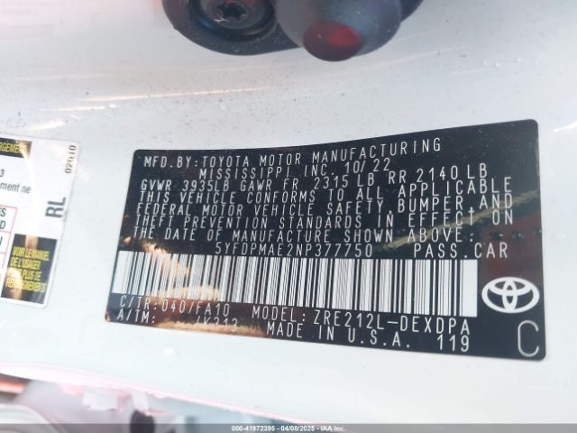 2022 TOYOTA COROLLA 5YFDPMAE2NP377750 Photo 8