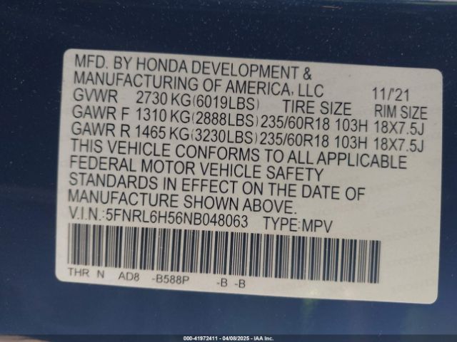 5FNRL6H56NB048063 Honda ODYSSEY EX