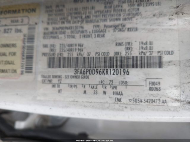 3FA6P0D96KR120196 Ford Fusion Titanium