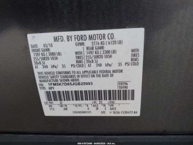 1FM5K7D85JGB25993 Ford EXPLORER XLT