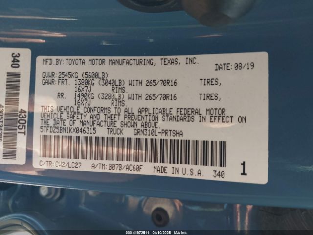 5TFDZ5BN1KX046315 Toyota Tacoma Trd Off Road