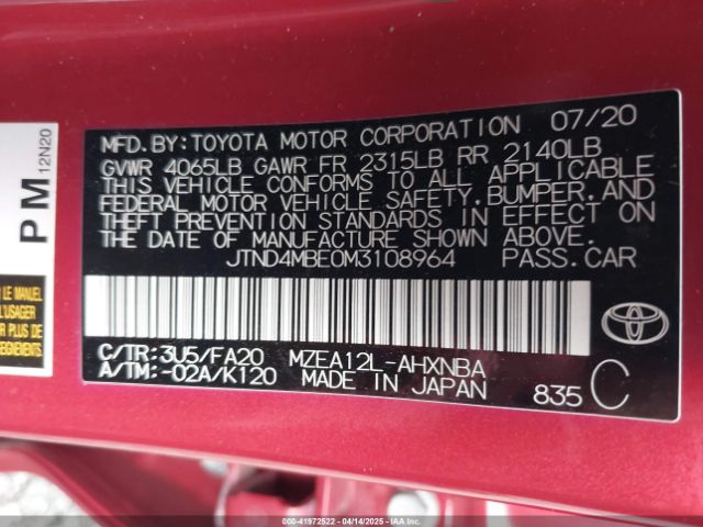 JTND4MBE0M3108964 Toyota COROLLA SE