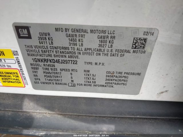 1GNKRFKD4EJ297722 Chevrolet Traverse Ls