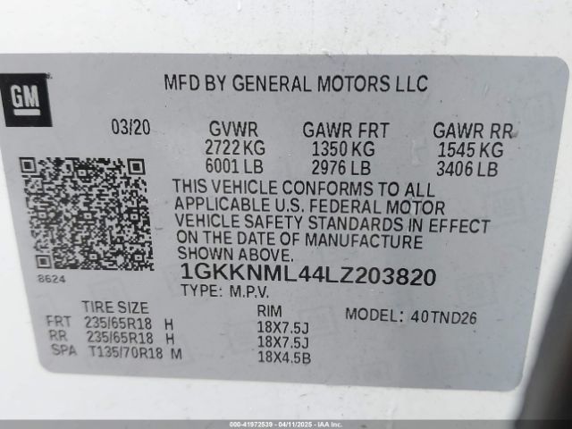 1GKKNML44LZ203820 GMC Acadia Fwd Slt