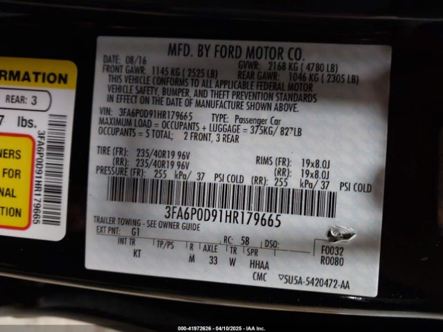 3FA6P0D91HR179665 Ford Fusion Titanium
