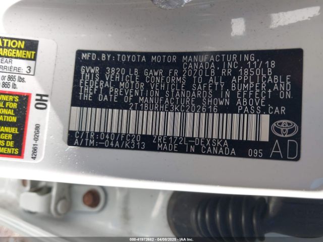 2T1BURHE3KC202616 Toyota COROLLA SE