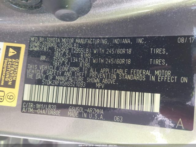 5TDKZRFH5HS521093 Toyota Highlander Xle