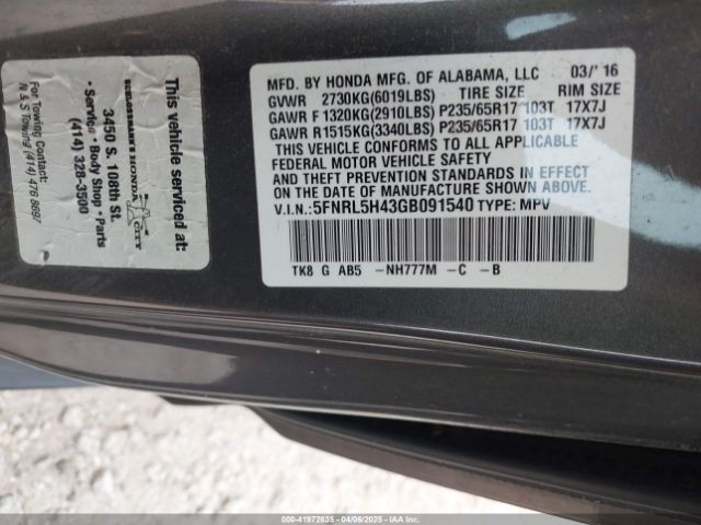 5FNRL5H43GB091540 Honda ODYSSEY EX