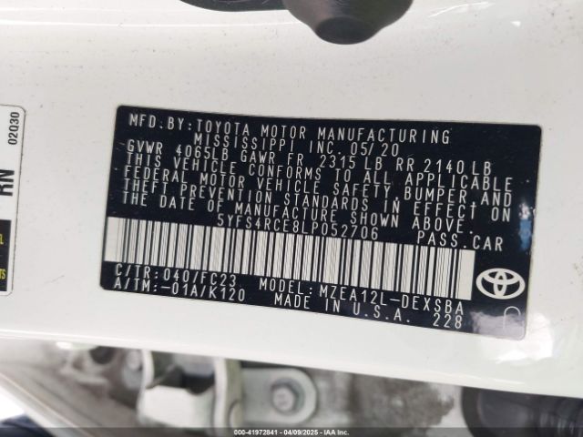 5YFS4RCE8LP052706 Toyota COROLLA SE