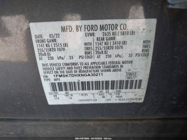1FMSK7DHXNGA30211 Ford EXPLORER XLT