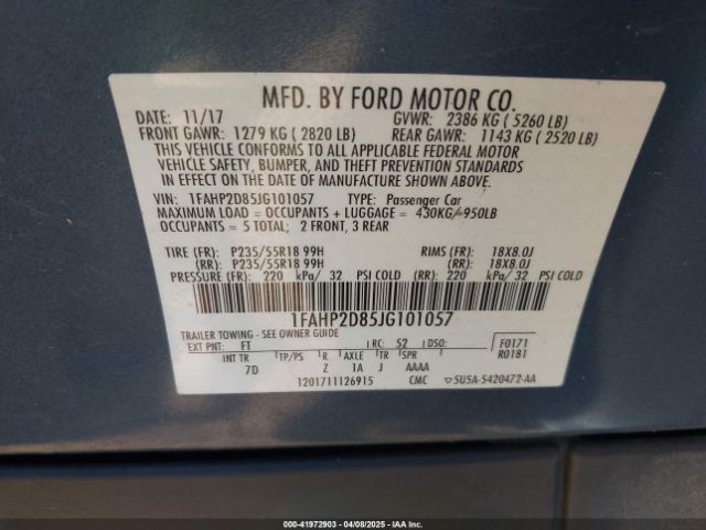 1FAHP2D85JG101057 Ford TAURUS SE