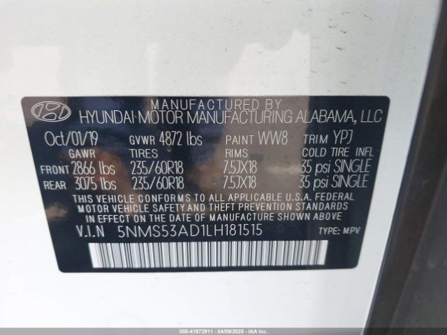 5NMS53AD1LH181515 Hyundai Santa Fe Limited